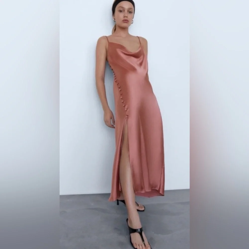ZARA LIKE NEW Satin Button Cowl neck Midi Dress - Picture 1 of 8
